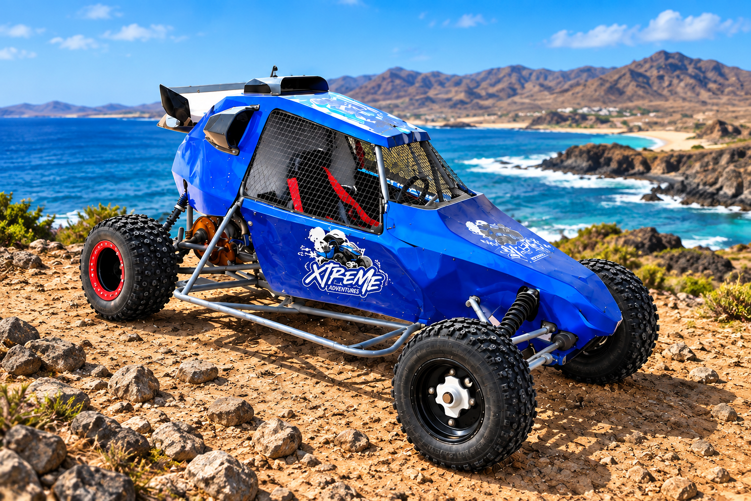 Kart Cross azul Xtreme Adventures numa paisagem costeira